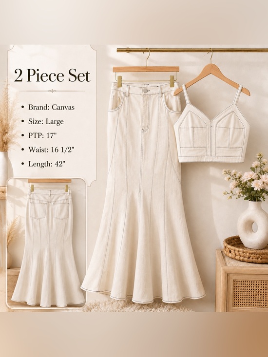 Canvas Dresses & Skirts - EUC-Canvas Cream Flared Maxi Skirt Set with Contrast Topstitching